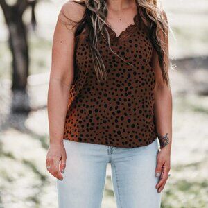 Umgee Navy blue & Brown Polka Dot Lace Trim Women's Top Size 2XL